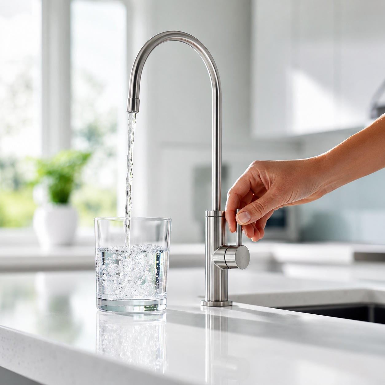 Persona llenando un vaso con agua filtrada en una cocina moderna